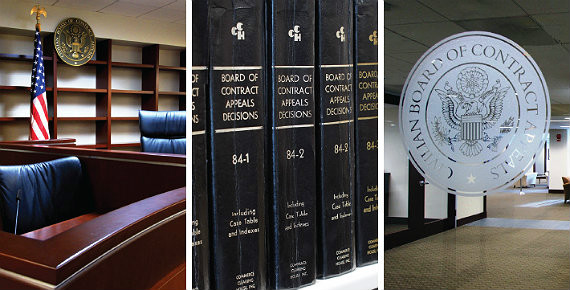 Image of the CBCA courtroom, books of decisions, and front door.